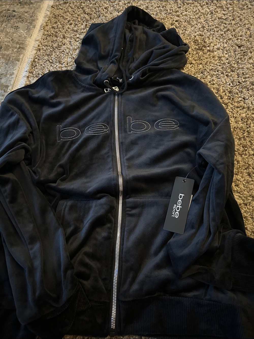 bebe Black Velour Zip-Up Hoodie with Embroidered Logo